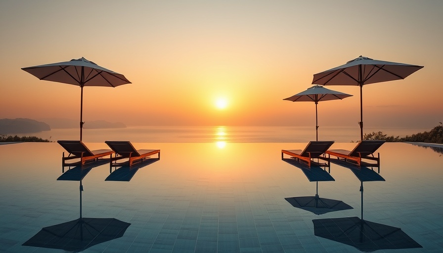 Luxurious pool at sunset with lounge chairs in Oman.