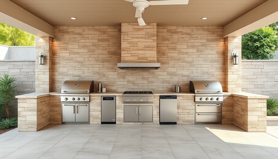 Natural stone outdoor kitchen space in Texas with stainless steel.