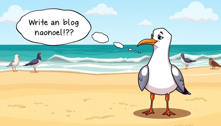 Cartoon seagull pondering novel on beach, ornithological terms humor