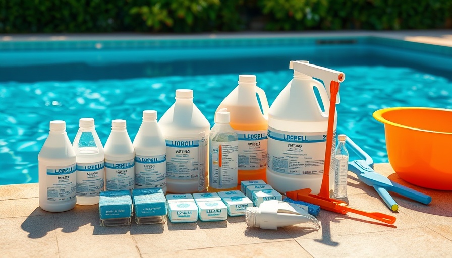 Pool chemicals and cleaning equipment by a pool under sunlight, pool chemicals management.