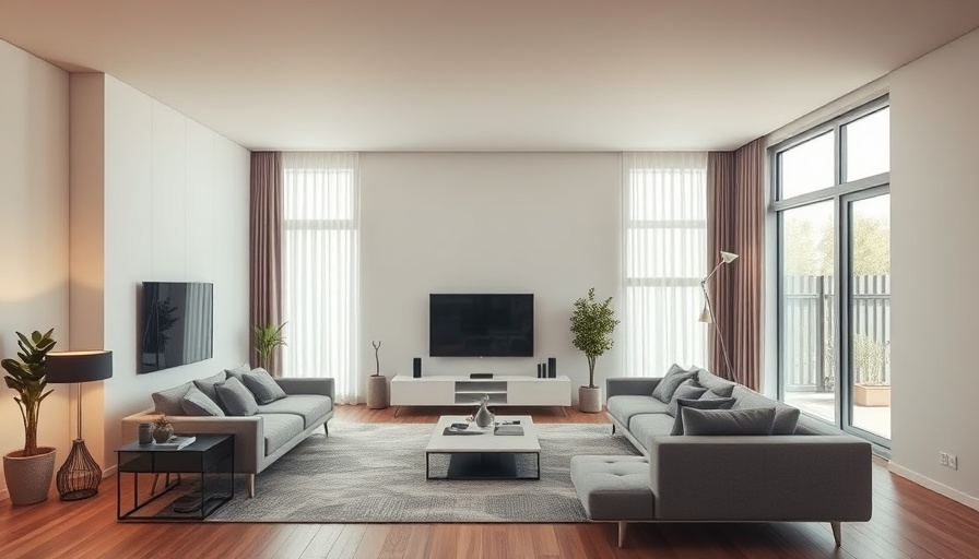 Modern living room with smart technology, natural light, sleek design.