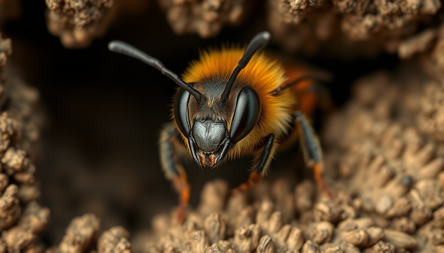 Bee emerging from a bee hotel hole, promoting pollinator recovery.