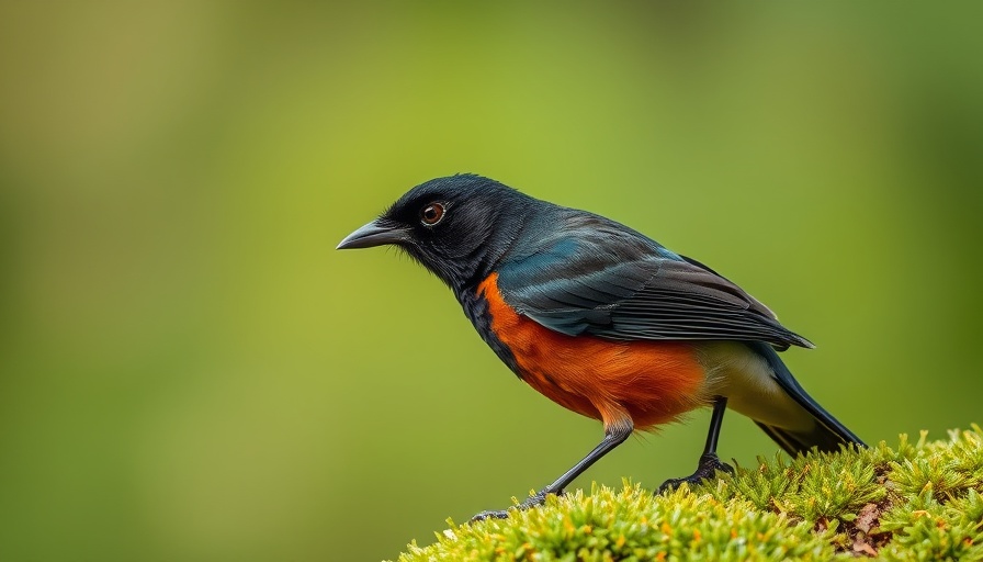 Vibrant black and brown bird perched on mossy branch.