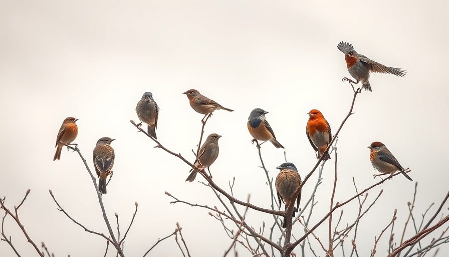 Diverse North American birds on sparse branches under cloudy skies.