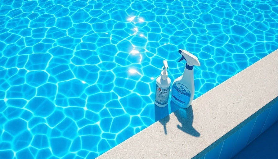 Eco-friendly pool products beside a clear blue swimming pool.
