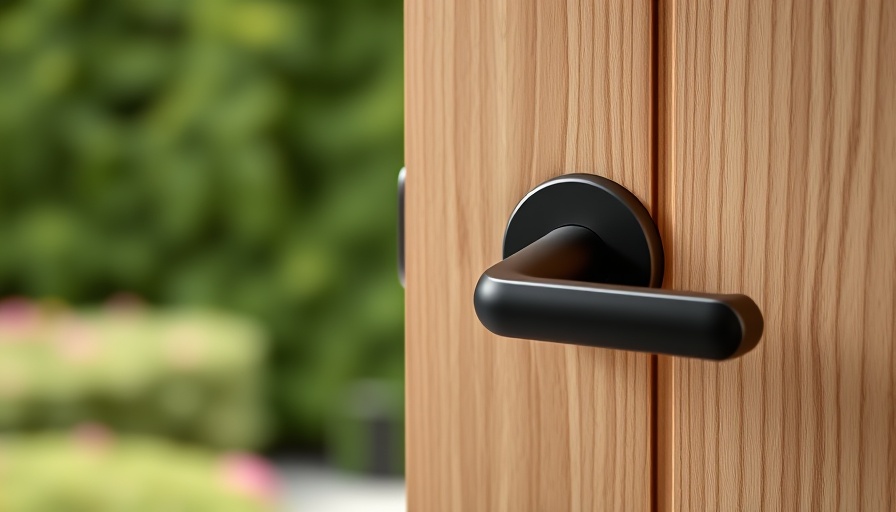 Kwikset Miranda Levers on wooden door with outdoor background