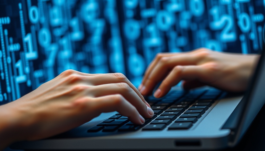 Hands typing on laptop with binary code overlay, symbolizing digital innovation and AI.