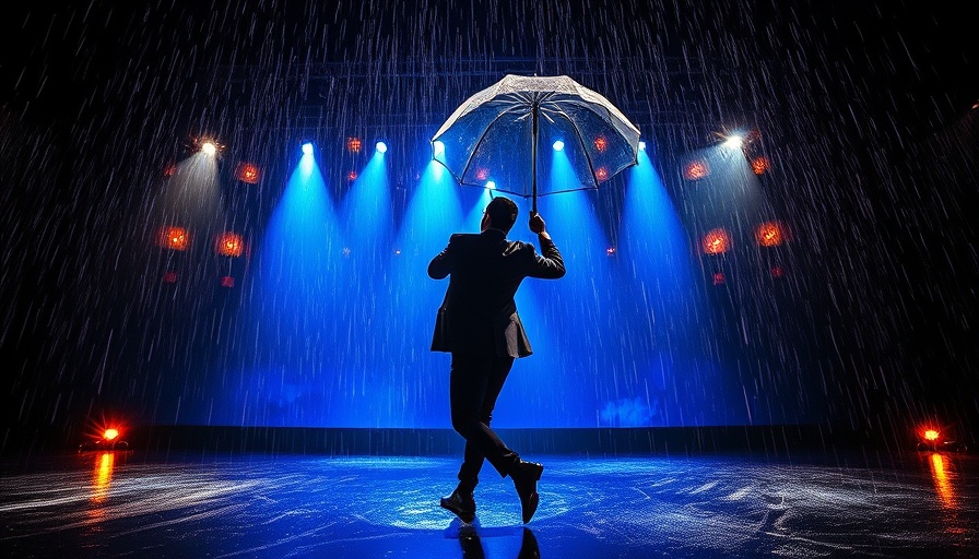 Dramatic scene of a performer dancing in blue-lit theatrical rain.