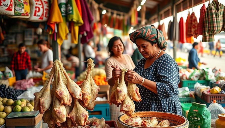 Indoor Thai market stall with poultry, highlighting H5N1 monitoring.