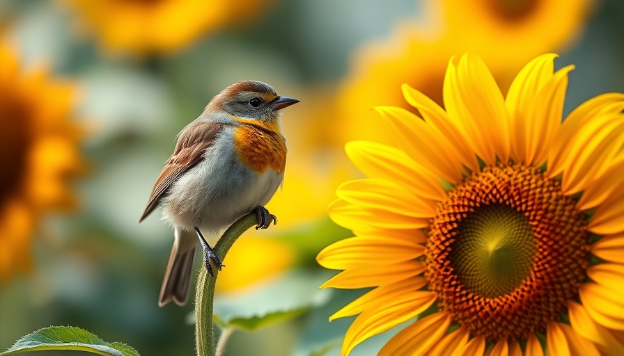 Living Bird Summer 2025: Bird on a sunflower, vibrant garden scene.