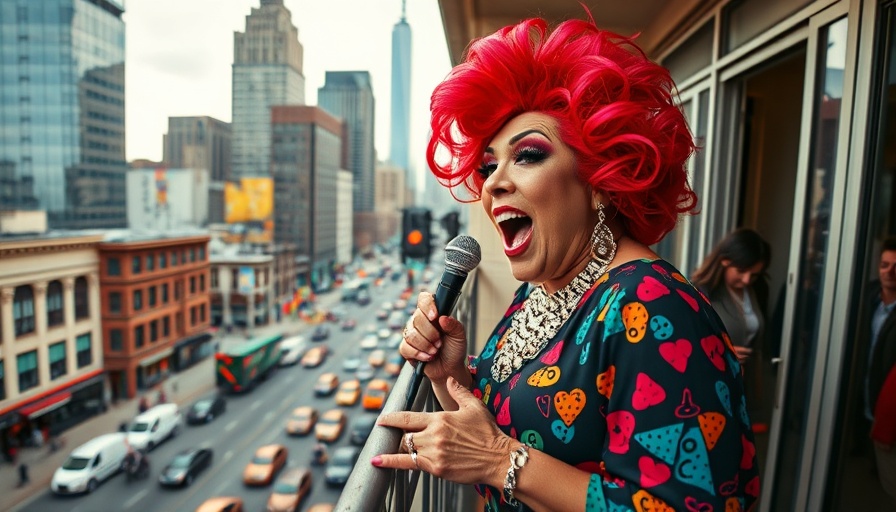 Broadway Stars Celebration of Pride: Drag performer sings on city balcony.