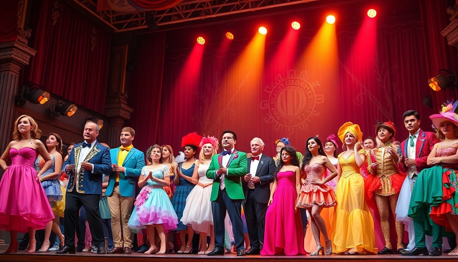 Vibrant Broadway performers in colorful costumes celebrating diversity and pride.