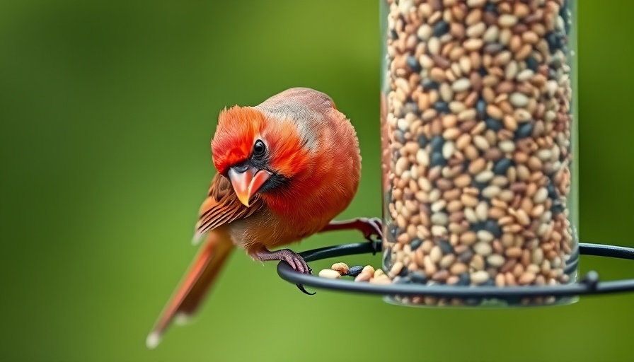 Small red bird on a green bird feeder, ideal for beginners.