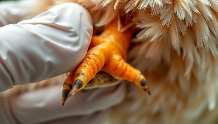 Bumble Foot examination in Blue Copper Marans chicken.