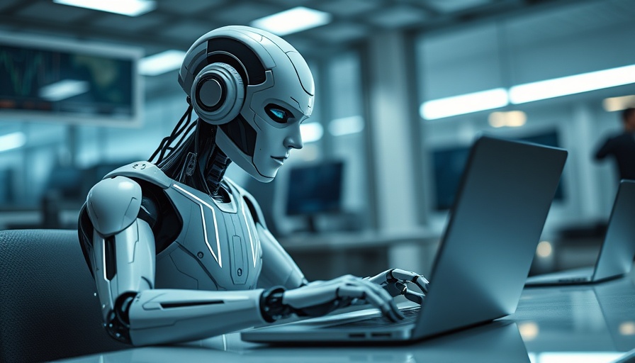 Futuristic humanoid robot typing on a laptop in a high-tech lab.