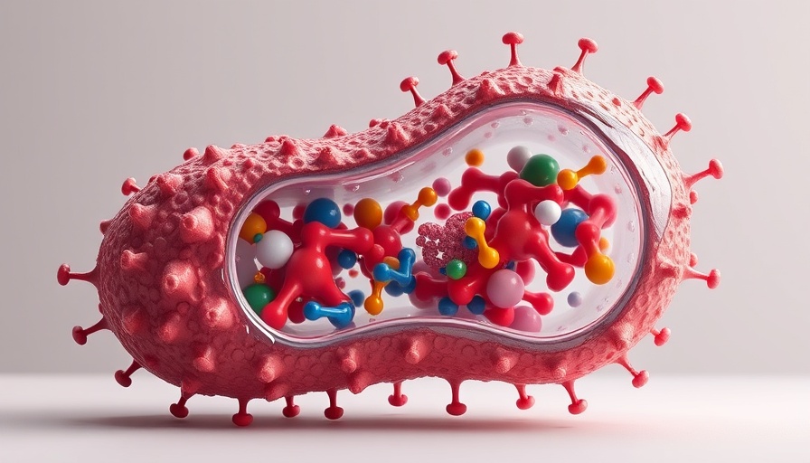 3D gut microbe model with vibrant particles absorbing PFAS.
