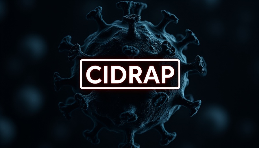 CIDRAP logo superimposed on virus image, H5N1 avian flu infection Cambodia.