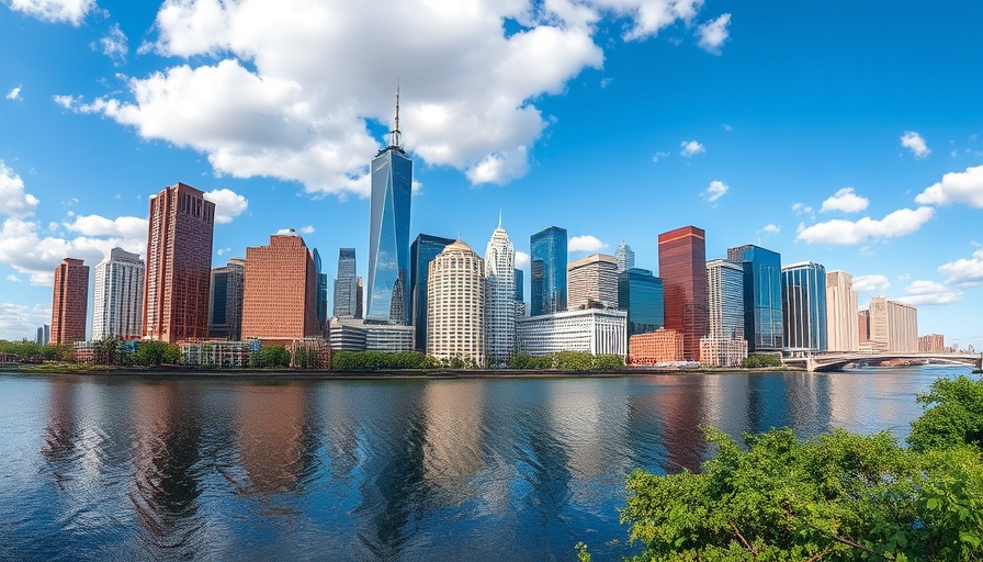 Columbus skyline reflects in a serene river under a sunny sky.