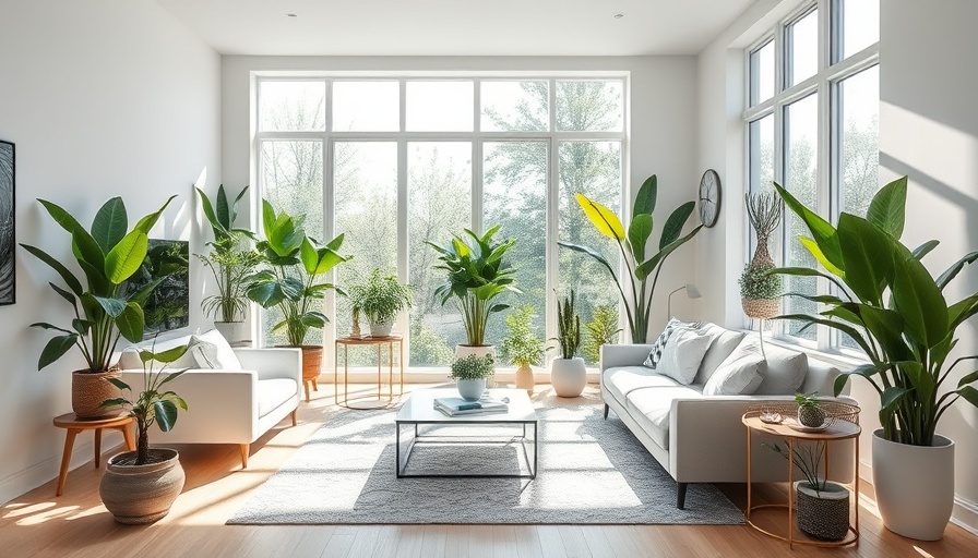 Stylish living room with plants improving indoor air quality.