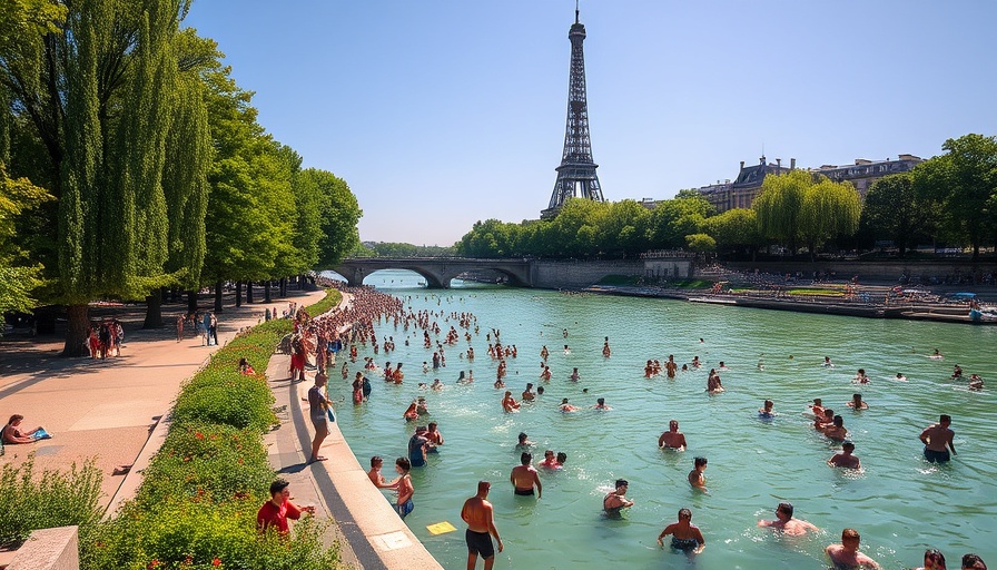 Public swimming in River Seine with Eiffel Tower view.