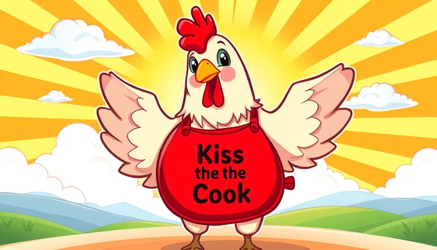 Cartoon chicken in apron, playful design.
