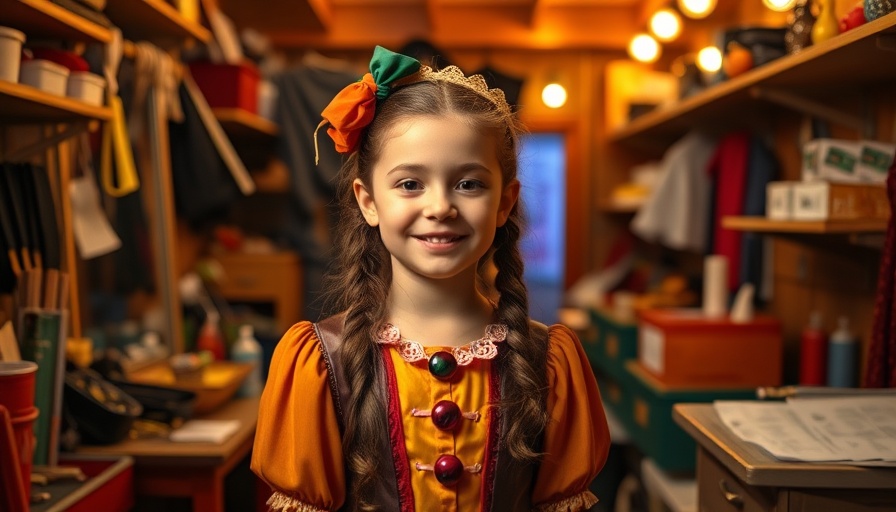 Young girl in costume in Annie dressing room, smiling.