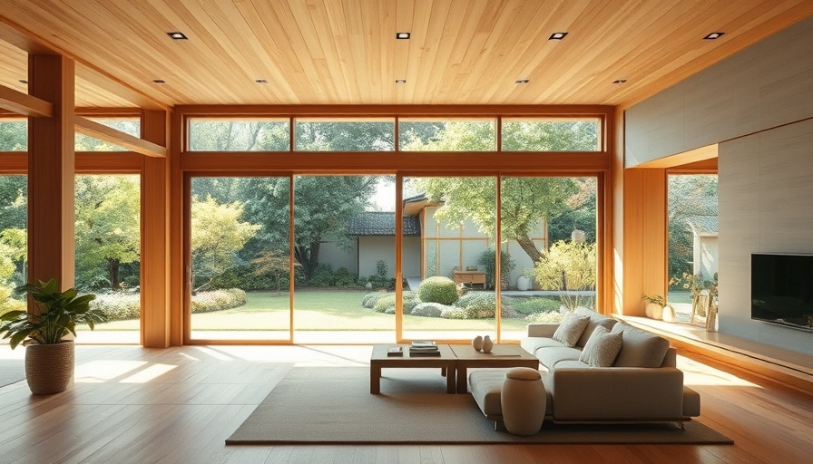 Japanese family home interior with garden view, serene and modern design.