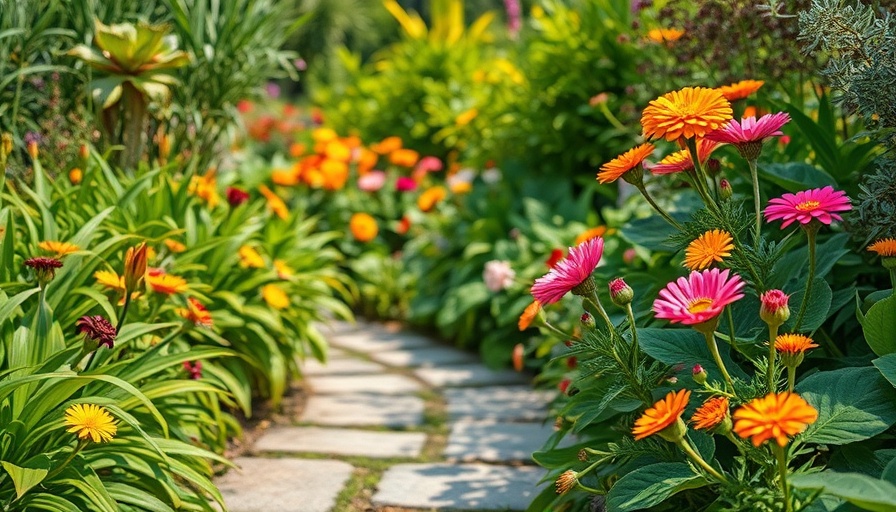 Colorful flowers and foliage in an outdoor garden.