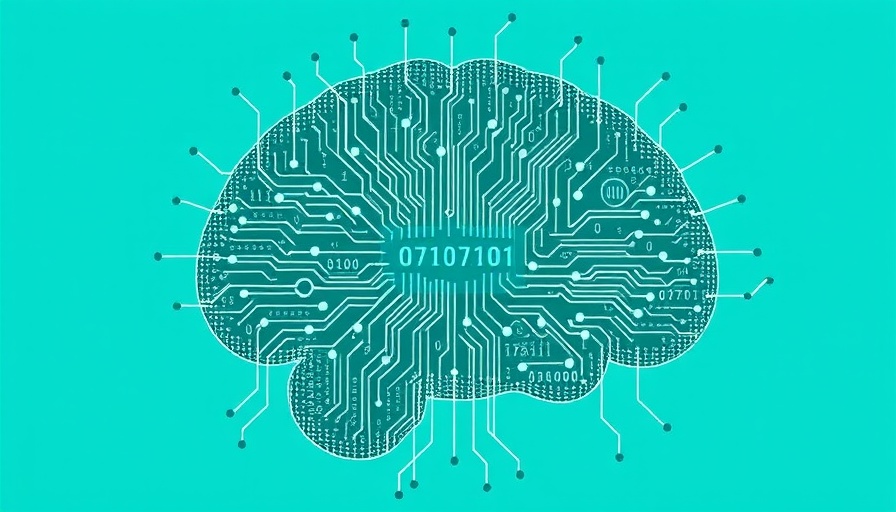 Stylized digital brain with circuits and binary code on turquoise.