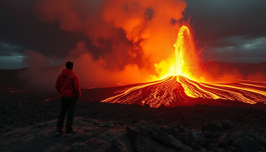 Person observing volcanic eruption with lava flow