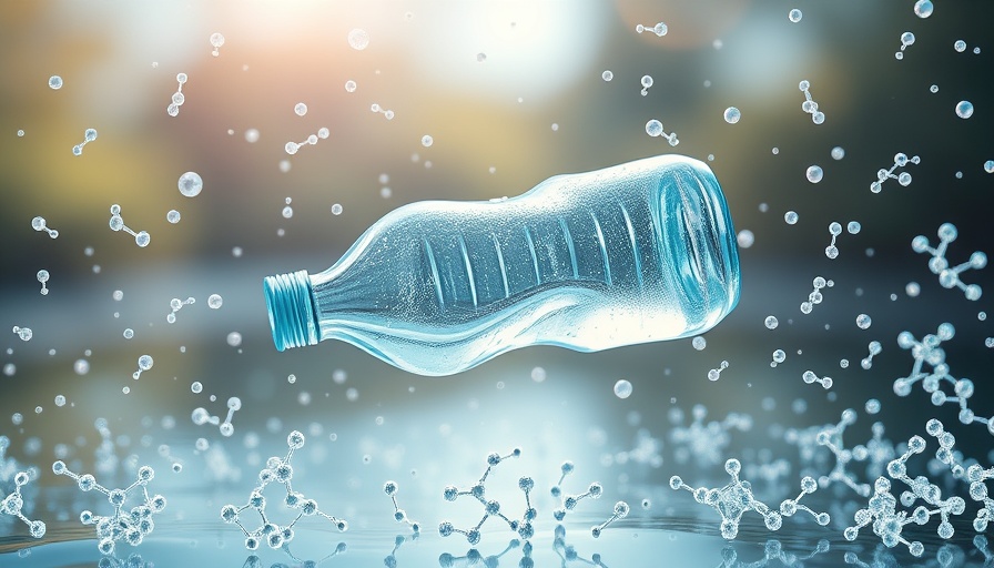 Nanoplastics ocean pollution with floating bottle and molecules.