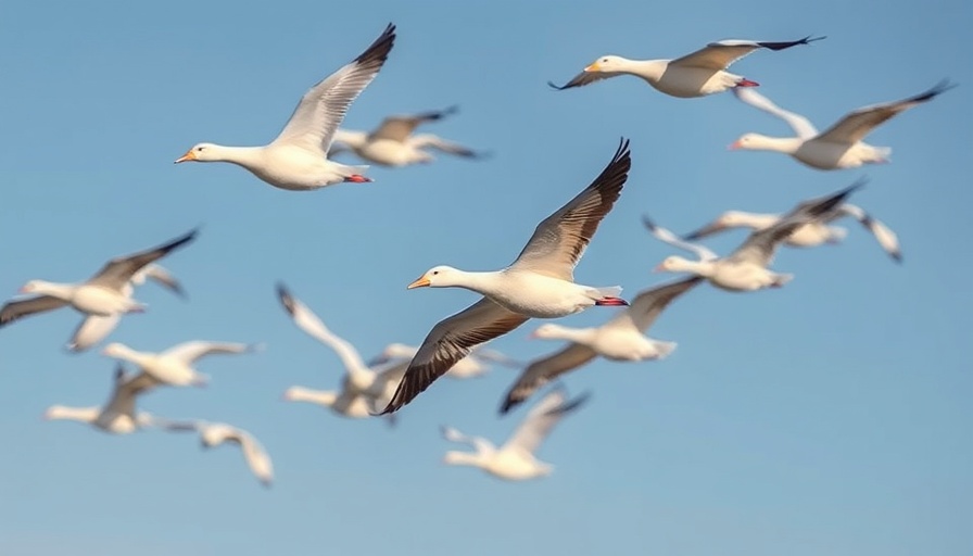 Flock of snow geese flying in clear sky.