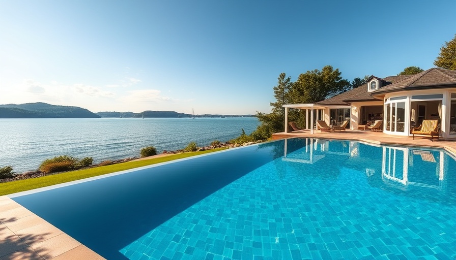 Luxurious swimming pool by a serene lake with modern house.