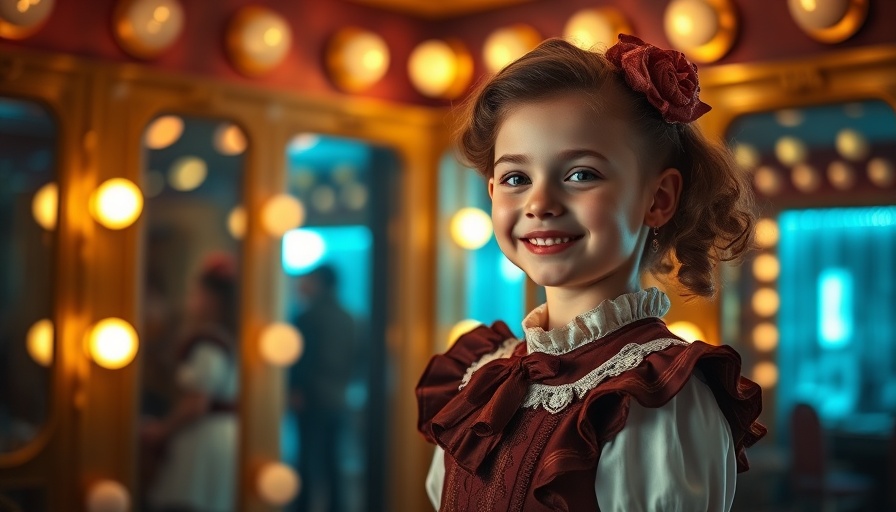 Girl in vintage costume smiling in theater dressing room