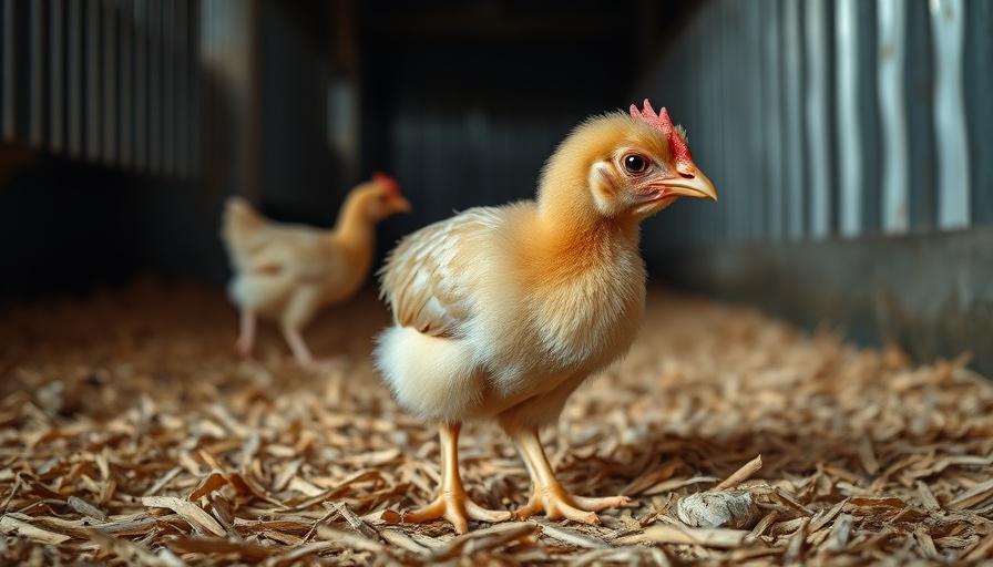 Subdued young chicken on wood shavings, barn environment.