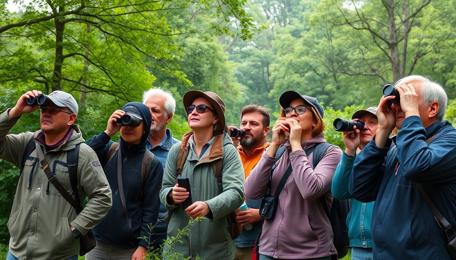 Diverse group of birdwatchers at Black Birders Week 2025 in a green park.