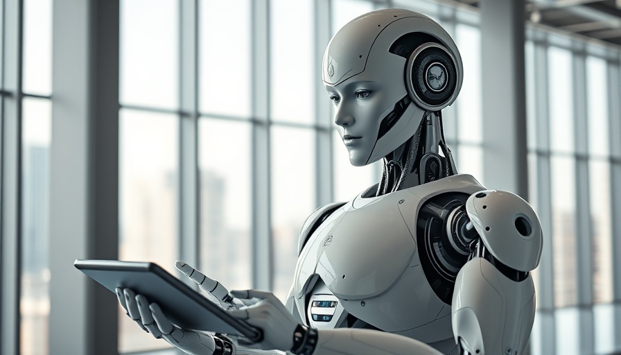 Futuristic humanoid robot with tablet in high-tech office, NurseMagic Enterprise Tier.