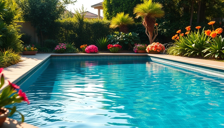 Serene backyard pool surrounded by lush greenery and bright flowers.