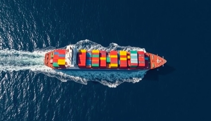 Aerial view of cargo ship with colorful containers on blue ocean.