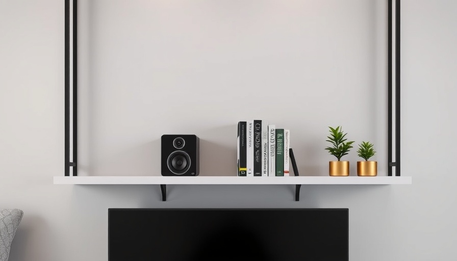 HYRISS technologies CEDIA Expo 2025 modern shelf with speaker and decor.
