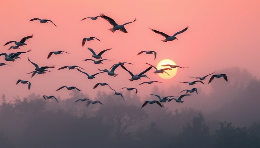 Flock of birds flying at sunrise, bird flu wildlife impact