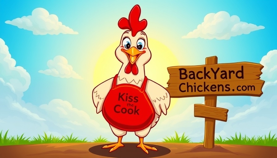 Cheerful chicken with an apron against a sunny background