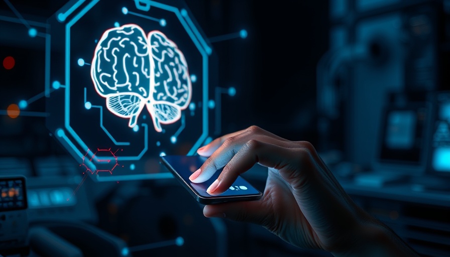 Futuristic AI interaction with smartphone in modern test automation.