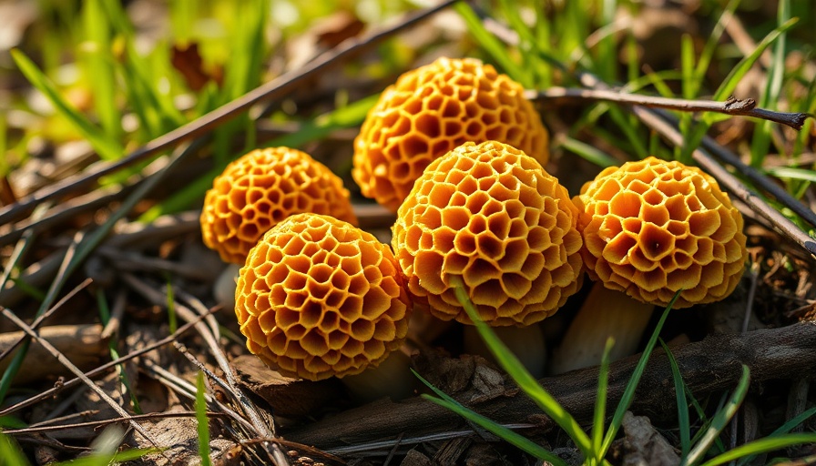 Close-up of morel mushrooms on forest floor with twigs.