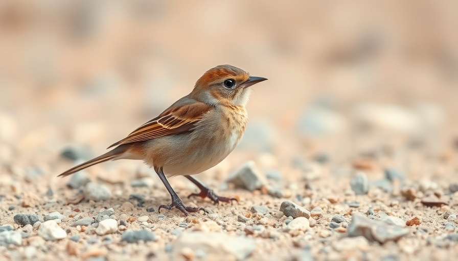 A brown streaky juvenile songbird on a rocky surface.