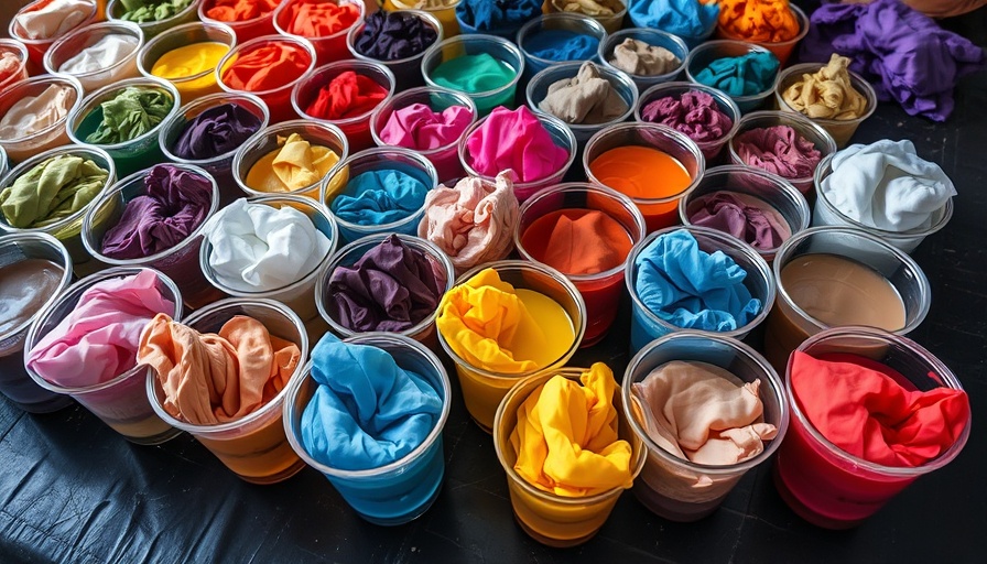 Brightly colored fabric dyeing with MX dyes in cups.
