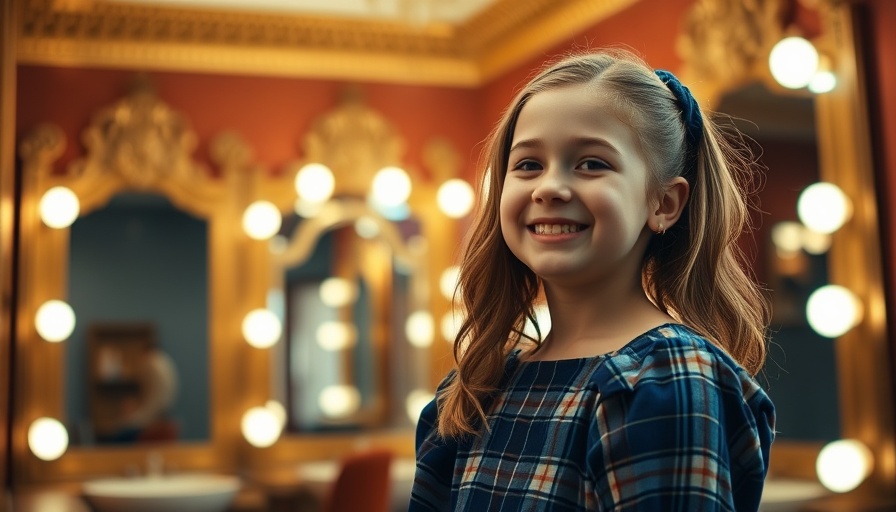 Story of Fae Lewis Orphans Annie young girl smiling in dressing room.