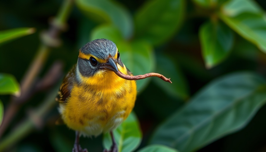 Small bird with worm in beak among green leaves, photorealistic.