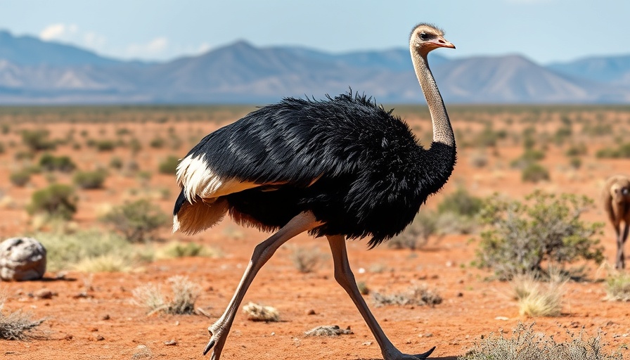 Graceful ostrich walking in natural habitat under bright sky.