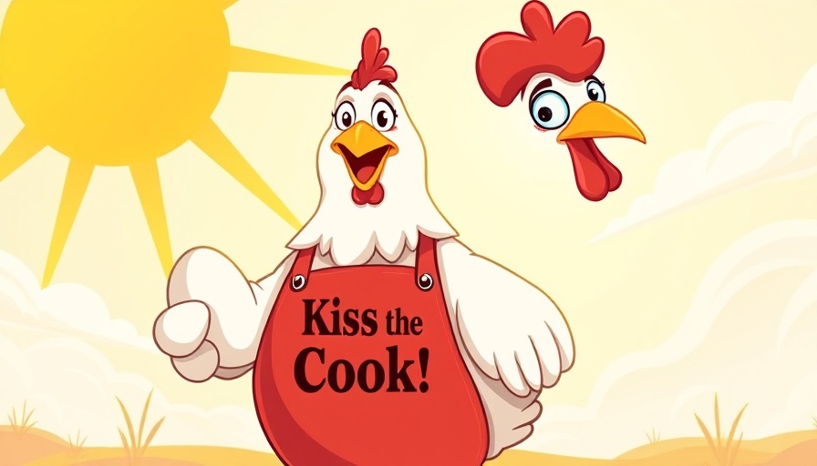 Cartoon chicken wearing apron with text about breakfast in sunny background.